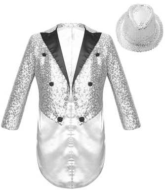 Yiesvsov Veste Pour Garçons Paillettes Veste Queue De Pie Avec Bonnet Élégant Mariage Costume Smoking Veste Blazer Manteau Carnaval Fête Déguisée Soirée À Thème Argent 7-8 ans