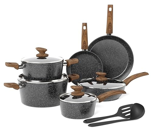 Kitchen Academy - Set di pentole e padelle con coperchio antiaderente, 12 pezzi, per induzione, fornelli a gas e microonde, colore: Nero