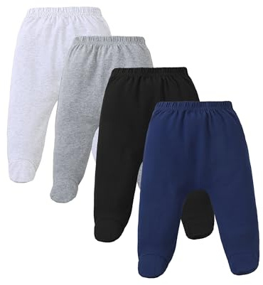 Coaturi 4 Pack Baby Footed Pants: Soft Cotton Spandex Pants with Feet Pull on Bottoms for Infant Unisex Baby Boys Girls(Black/Grey/Light Grey/Navy,0-3Months)