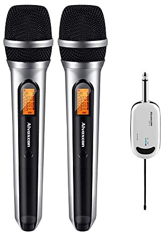 Alvoxcon CK220Y Wireless Microphone System, Dual UHF Dynamic Handheld mic for PA,Karaoke, Conference, DJ, Vocal Recording, Singing, Church, On Stage Performance, Party Events (1/4 inch Plug)