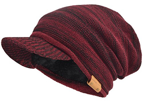 Uomo Donna Spessore Vello Foderato Maglia Ciondolare Beanie con Visiera (Chiaretto/Nero)