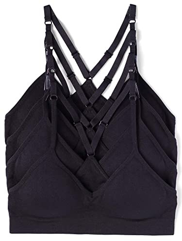 Kalon Women’s 4 Pack Racerback Sports Bralette Seamless Wireless Comfort Bra (Medium, 4 Black)