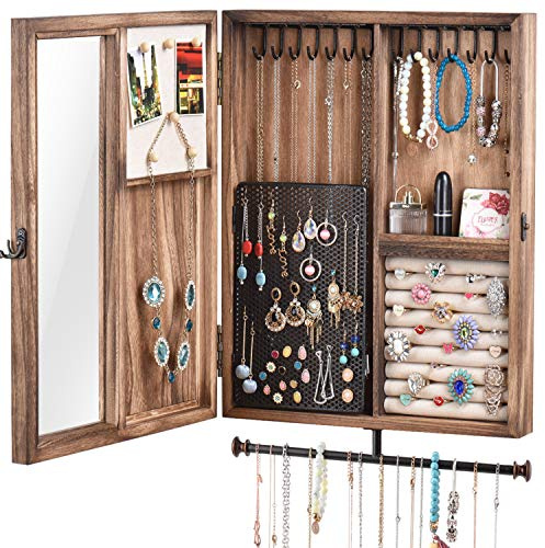 Keebofly Wall Mounted Jewelry Organizer Box Rustic Wood Large Space Jewelry Cabinet Holder Jewelry Storage Box for Necklaces, Earrings, Bracelets, Ring Holder, and Accessories (Carbonized Black)