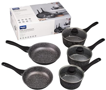Denby - Granite Effect Cast Aluminium 5 Piece Pan Set - High Quality Aluminium - Non-Stick Coating - Durable & Stylish - Excellent Heat Distribution - Lightweight, Easy to Use - QuanTanium Coating