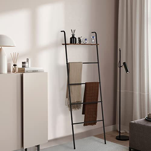 NORCEESAN Accessoires de bain Échelle murale penchée pour couvertures en Métal et Bois, 5 niveaux, Noir et Marron