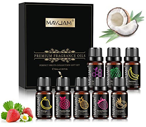 MAYJAM Coffret Huile de Parfumée Fruitées 8 X 10ml, Huiles Parfumées Fruitées Pour Huiles Essentielles Diffuseur - Mangue, Fruit de la Passion, Fraise, Pastèque, Noix de Coco, Ananas, Banane, Raisin