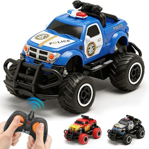 Pup Go Polizeiauto Ferngesteuert mit Licht für Kinder 3-9 Jahr, Robust Polizei Auto Spielzeug Kleinkind, Mini RC Auto Monstertruck Offroad Indoor Outdoor, Weihnachten Geburtstagsgeschenk Junge, Blau