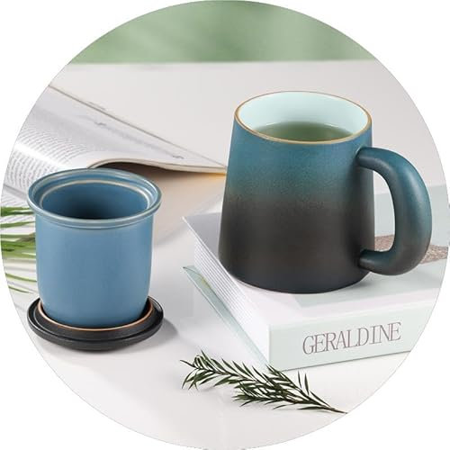 ecooe Taza de té con Filtro y Tapa, 420ml Azul Negro Taza de Te Cerámica Grande Taza de con colador de Té de Acero inoxidable con Asa(Capacidad completa)