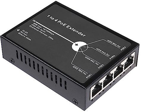 Revotech Extension PoE 4 ports 60 W, 3 modes disponibles, répéteur PoE+ métallique 1 entrée 4 sorties, sortie PoE 802.3af 30 W, entrée 60 W 802.3BT, extension PoE 100 m/250 m pour appareil PoE, Plug