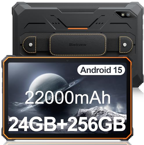 Blackview 2.4k 10.36 inch Rugged Tablet, 22000mAh Octa-core Android 15 Tablet, 24GB RAM+256GB ROM+1TB Expand, 48MP+16MP Camera Waterproof, 4G LTE/5G WiFi, BT 5.0/OTG/GPS-Orange
