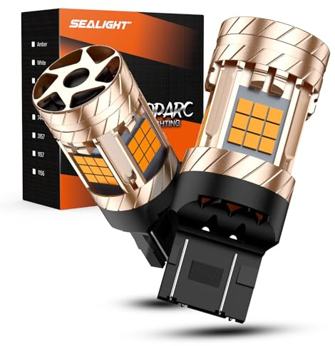 SEALIGHT 7443 7440 LED Bulb, 2700K Amber Yellow Bulb Anti Hyper Flash With Turbo Fan, 30W 3200LM Super Bright for Front/Rear Turn Signal Blinker Lights, CK & Standard Socket, Pack of 2