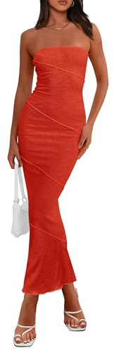 PRETTYGARDEN Women's Summer Long Dress Strapless Sleeveless Bandeau Tube Top Bodycon Maxi Dress (Orange,Small)