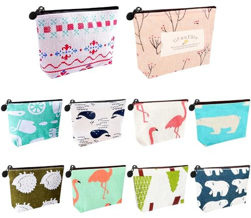 10 Stück Mini Geldbörse Canvas, Tragbare Münzbörse Kleine, Täschchen mit Reißverschluss Muster, Münzbeutel Multifunktion für Münzen Lippenstift Schlüssel Kreditkarte, Kleine Portemonnaie Damen Kinder