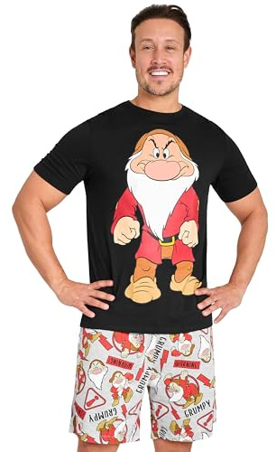 Disney Grumpy Schlafanzug Herren Kurz, Pyjama Set T-Shirt & Shorts - Geschenke für Männer (Schwarz/Grau, M)
