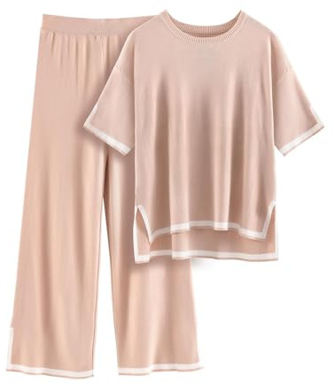 DONYKARRY Conjunto Dos Piezas Mujer 2 Pcs Casual Tejido Camisa Manga Corta Y Pantalones Verano Otoño Deportivo Suelto Traje Cómodo Moda Color Sólido Ligera Talla Grande (Caqui,S)