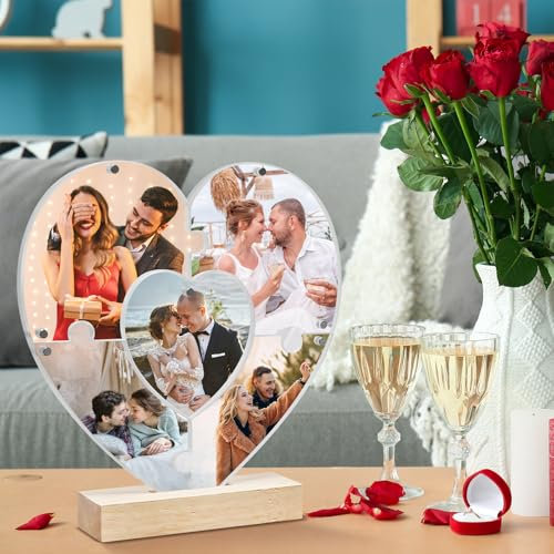 LOHAME Acryl Bilderrahmen 20 x 21 cm Magnetischer Fotorahmen Doppelseitige Rahmenlose magnetische Desktop Rahmen Herz Pulzze Acrylrahmen mit Holzboden für Familienfotos Hochzeitsfotos Babyfotos