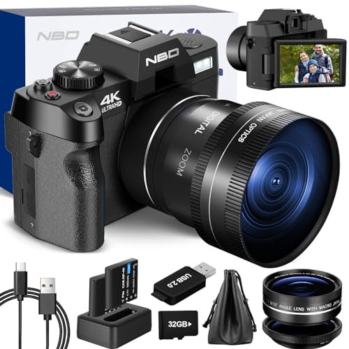 NBD Digitalkamera 4K 48MP Vlogging Kamera, Kameras für Fotografie mit Flipscreen, WLAN, 16X Digitalzoom, 32GB TF-Karte, 52mm Weitwinkel & Makroobjektive NBD-S100-Pro-PK-WM-EU-2408 (Schwarz)