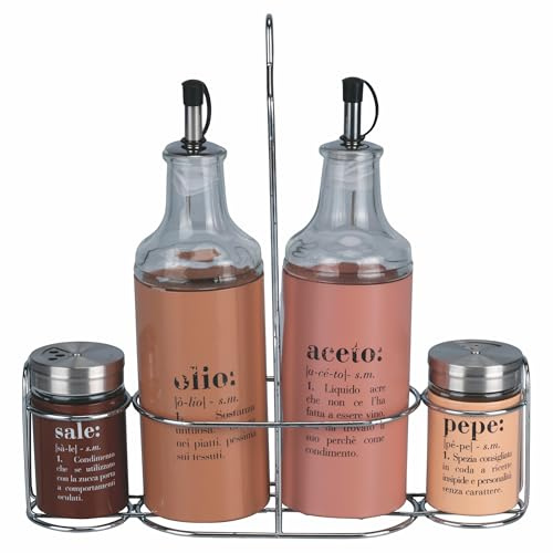 Villa d'Este Home Tivoli Set condimento olio, aceto, sale e pepe in vetro e acciaio inox, stand in acciaio, marrone, Victionary