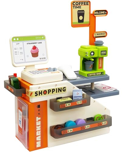 Caja Registradora Juguetes para Niños, Supermercado Juguete con Escáner (con Luces y Sonidos), Máquina de Café, Dinero de Juguete y Otros Accesorios,Comida de Juguete, Juego de rol Juguete Pour 3+