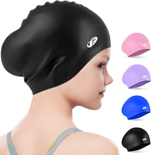 Kinder-Badekappe für Mädchen und Jungen, Silikon-Badekappe für Kleinkinder, Kinder und Jugendliche, wasserdichte Badekappen für langes Haar, um das Haar trocken zu halten (Schwarz)