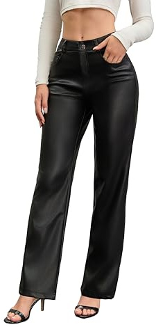 Gaiibbt Women’s High Waist Faux Leather Pants PU Straight Leg Wide Leg Trousers with Pockets – Black L