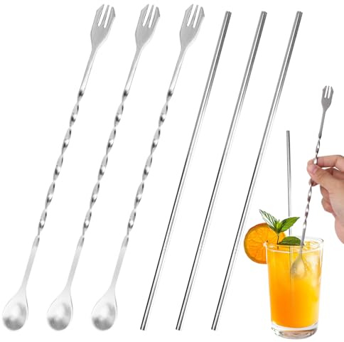 LOGJAM 6 Pcs Stainless Steel Bar Spoon and Straws, Reusable Cocktail Mixing Spoon with Trident Tip and Long Straws for Drinking