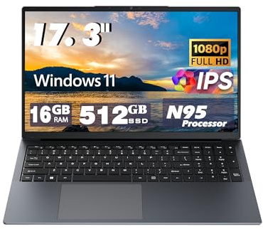 17 inch Laptop Computers,12th Generation Processor N95 4C 4T(Up to 3.4Ghz),16GB DDR4 RAM 512GB SSD,1920*1080,10000mAh Large Battery,Type-C(Date), WiFi5,BT,RJ45,Dual Stereo Speakers, Backlit Keyboard