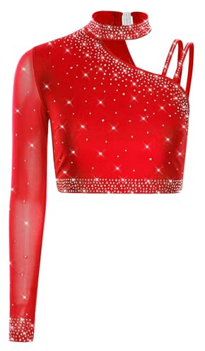YiZYiF Haut Danse Classique Asymétrique Femme Crop Top Débardeur Gymnastique Ballet Une Epaule Gilet Court Tenue Patinage Artistique S-XXL Rouge M