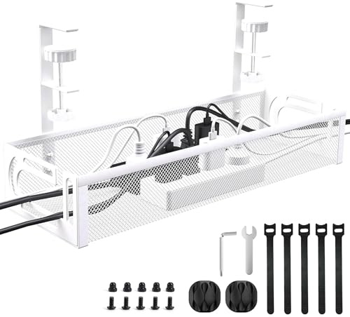 Hmseng Lot de Cable Management, Plateau de Gestion des Câbles sous Le Bureau sans Perçage, Aucun Dommage au Bureau, pour La Gestion des Câbles et des Multiprises, Range Cable Bureau-Blanc
