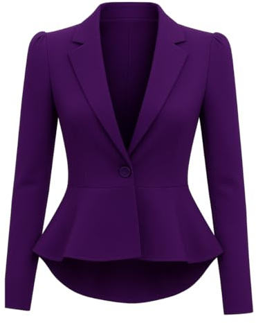 Prime fashions Women's Peplum Blazer – Slim Fit Long Sleeve Frill Crop Jacket Coat (8, Purple)