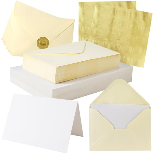 Lot de 50 cartes pliables vierges avec enveloppes assorties, autocollants pour enveloppes, à personnaliser, à écrire ou à imprimer, 11 x 16 cm