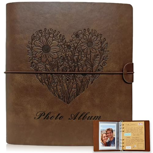 IdeaMarlle Photo Album 4x6, Leather Scrapbook Album with 50 Photos and 20 Writing Paper, DIY 6 Ring Binder Photo Album for Wedding Kids Birthday Family Travel (Brown)