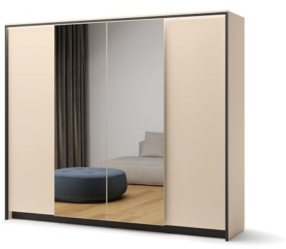 MINIO go for it - Armoire EBRO, 250 cm, avec Quatre Portes battantes et Deux miroirs, éclairage LED, Coloris : Beige Sable/Noir Mat