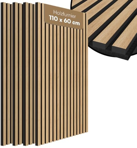 Bellamio Kilwa Akustikpaneele Holz 110x60 cm – Wandpaneele 4er Set – Wandverkleidung Holzoptik Eiche – Akustik Holzpaneele Wand als Schallabsorber – 3D Lamellenwand Innen – Wall Panel mit Schallschutz