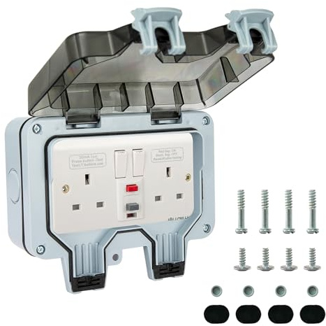 W LAIWO IP66 Weatherproof Socket Box 2-Gang 2-Socket Switched, UKCA Certified 230V 13A Outdoor/Indoor Waterproof Power Outlet, 30mA RCD Leakage Protection, 40ms Fast Trip, UK Standard Socket
