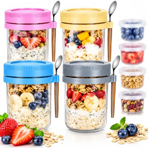 LOSTTYPE 4-pack över natten havre burkar med skedar och fack 450 ml, separering för torr-våt frukostgrytor för yoghurt, flingor, mjölk, grönsaker och fruktsallad förvaringsbehållare med mätmärken