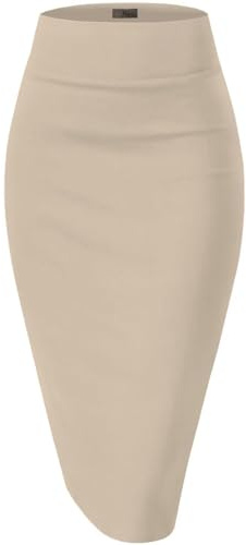 Hybrid & Company Women's Premium Nylon Ponte Stretch High Waist Pencil Suit Skirt Below Knee KSK45002 1073T Stone S