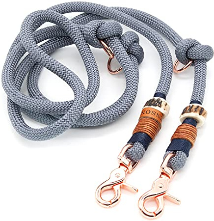 Hundeleine/Führleine aus Tau mit Karabiner & echtem Hirschhorn Ø10mm | 3fach verstellbar | Doppel-Leine | Umhängeleine | robust & wetterfest | Top Handmade-Quality