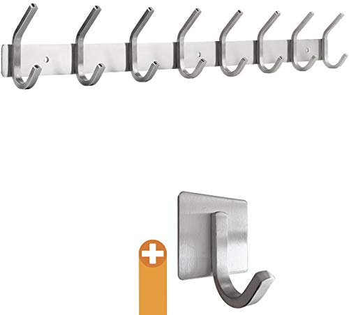 smartpeas Kleiderhaken Garderobenleiste - Rostfreier Gebürsteter Edelstahl - Chrome Matt Kleiderhaken Wand - 8 Feste Haken Halten Bis 30Kg - Plus: 1 Selbstklebender Haken