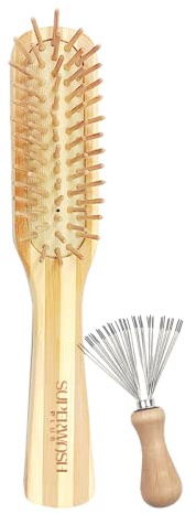 Bamboo Wood Hair Brush with Cleaning Rake for Women Men and Kids, Natural Bamboo Bristles Small Paddle Flat Hairbrush Fit All Types Hair