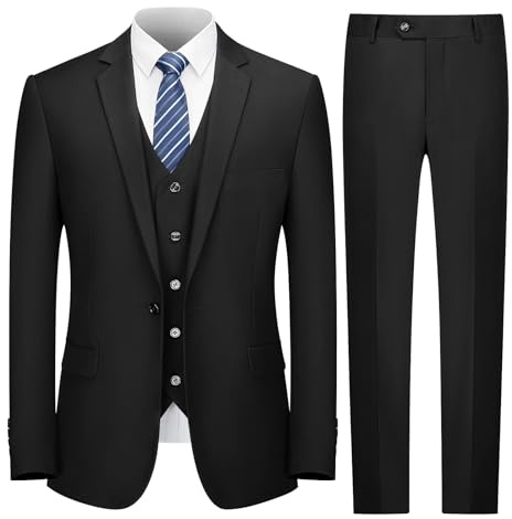 Cooper & Nelson Traje de Hombre de Ajuste Delgado, Trajes de 3 Piezas para Hombre, Chaqueta sólida de un botón, Chaleco y Pantalones con Corbata, Conjunto de Esmoquin, Negro -, Medium
