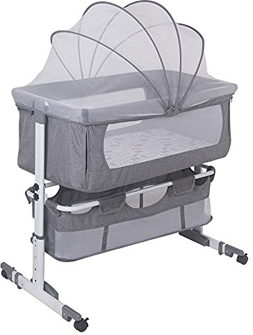 Willonin Beistellwiege mit Matratze und Moskitonetz, Babywiege mit weicher Matratze und Moskitonetz, für Babys von 1 bis 36 Monaten, 92 x 58 x 70-87 cm, Grau