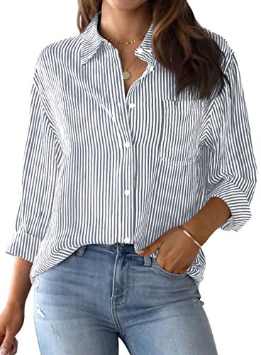NONSAR Bluse Damen Elegant Langarm Streifenbluse Hemden mit Knöpfen Casual Büro Arbeit Blusen Baumwolle Tunika Hemd Oberteile Tops(9359M,Grau)