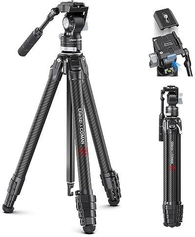 ULANZI Zero V Video Travel Tripod, 157.5cm/62 Videostativ mit 360° Panorama Fluidkopf und Schnellwechselplatt, Abnehmbarer Mittelsäule, Carbon Fiber Reisestativ für DSLR Camcorder Kamera