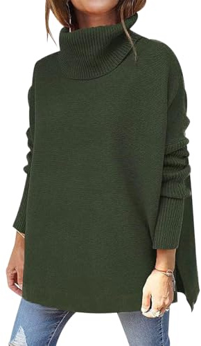 Pull Col Roulé Femme Pull Grosse Maille Col Montant Oversize Femme Hiver Grande Taille Pullover Gros Pull Chandail Tricot Ample Large Torsadé pour Femme Chaud Pulls Sweater Torsade Femme Vert XXL