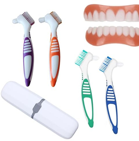 4 Stück Prothesen-Reinigungsbürste, Harte Prothesenbürste, Tragbare Prothesenreinigungsbürsten, Zahnersatzbürste für die Prothesenpflege, mit Tragbare Zahnbürstenbox zum Reinigen von Zahnprothesen