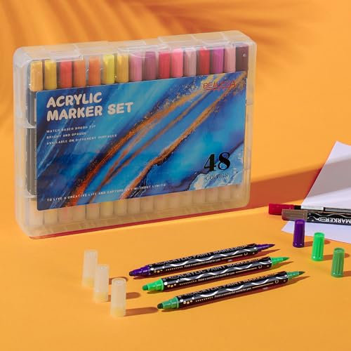 belleza suprema Rotuladores de pintura acrílica de 48 colores, doble punta y punta de pincel, bolígrafos de pintura acrílica de para madera, lienzo, piedra, pintura de roca, vidrio,