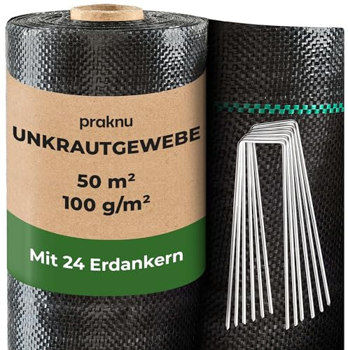 Praknu 50m² Anti Unkrautgewebe 100g/m² mit 24 Erdanker - Wasserdurchlässig & Extra Reißfest - Leicht zu Verlegen - UV Beständige Bändchengewebe - Ideal für Mulch und Kies