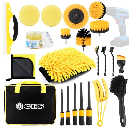 Set di pulizia auto per tappezzeria, tappeti e interni auto, spazzole e detergenti (giallo)