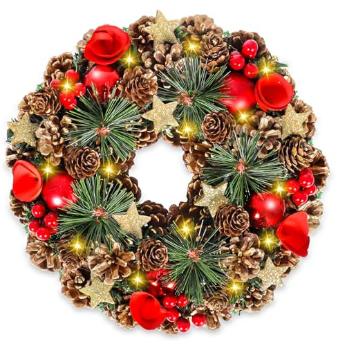 Ghirlanda di Natale Illuminate con Luci a LED 30cm - Decorazione Natalizia per Porta di Casa, Finestre, Camino e Giardino